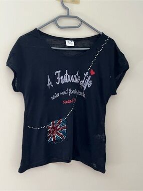 Sue A Fortunate Life Black Graphic Rhinestone Union Jack Top Size 150